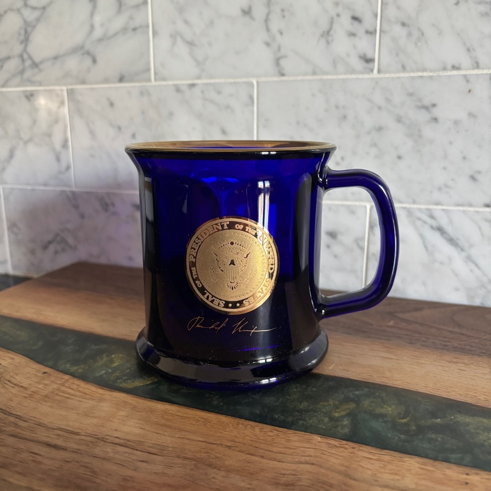 Vintage Richard Nixon Presidential Seal Cobalt Blue Glass Coffee Mug